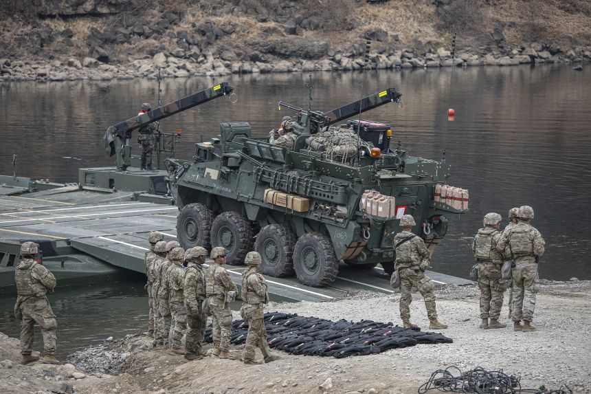 United States and Republic of Korea Army engineering battalions take part in a river crossing drill near the DMZ in Yeoncheon, South Korea, on March 14.