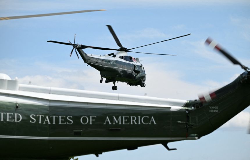 Marine One with President Donald Trump on board departs from the Ellipse near the White House in Washington, DC, on August 4.