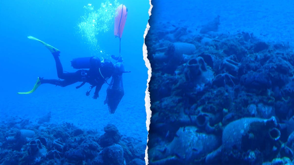 Split image of diver, hundreds of amphorae