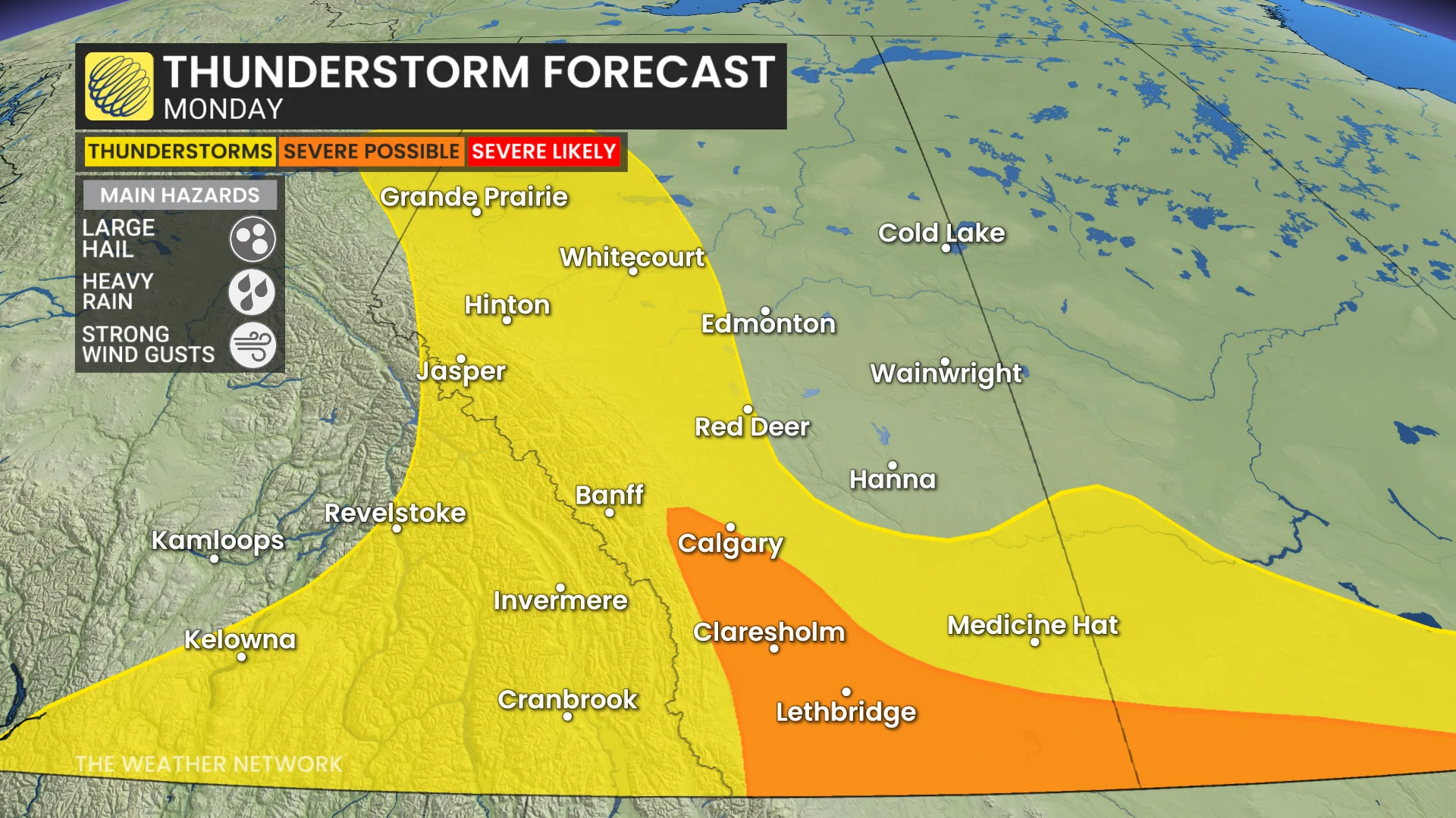 Alberta storm risk map Monday
