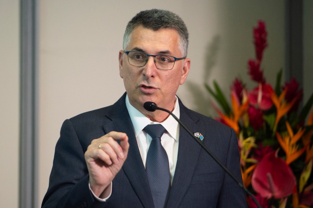 Israeli Foreign Minister Gideon Sa'ar speaking at a press conference.