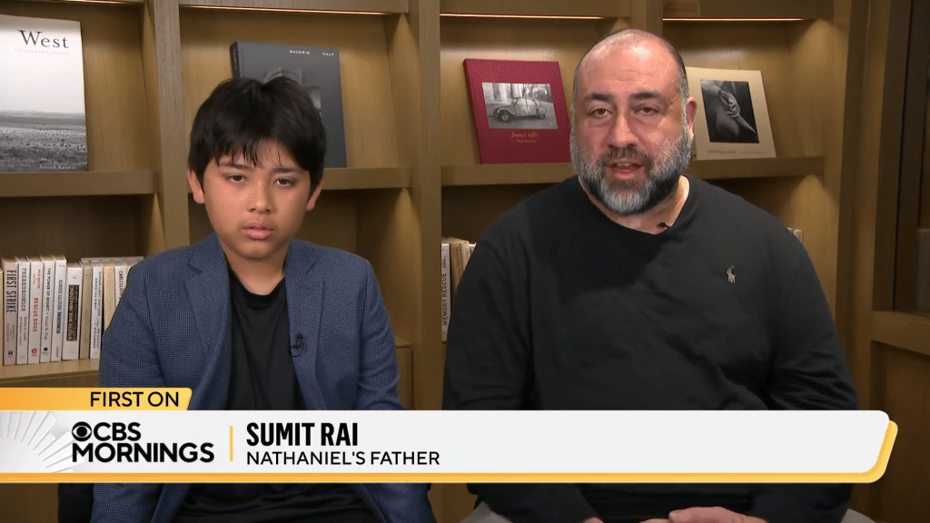 Sumit Rai, Nathaniel's father, and Nathaniel Rai speaking to CBS Mornings about a rip current rescue.