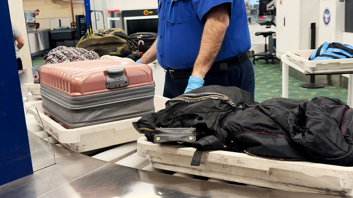 Travelers move through an airport TSA security checkpoint with luggage.