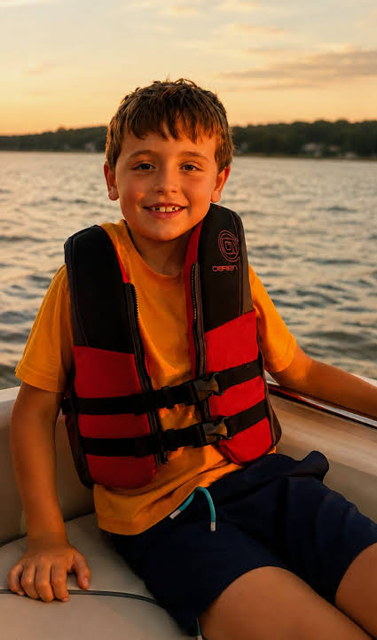 Mason Sundberg, a student at Sudbury's Loring Elementary School, wearing a life vest.
