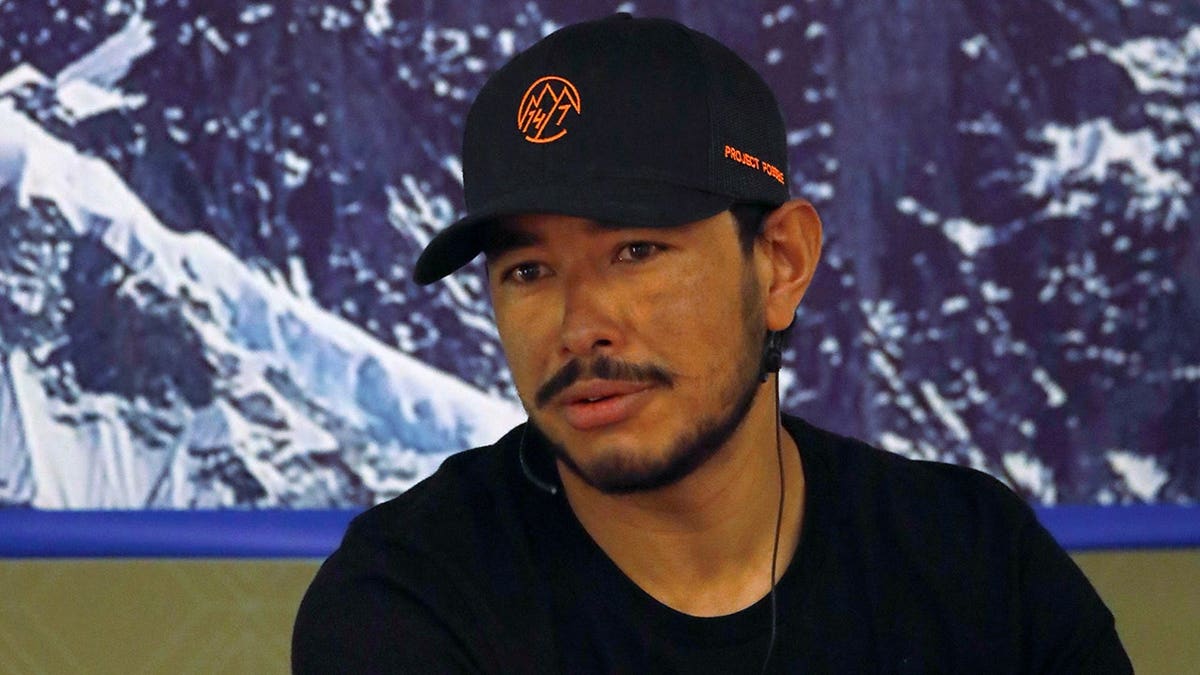 Nirmal Purja speaks during a news conference in Kathmandu, Nepal.