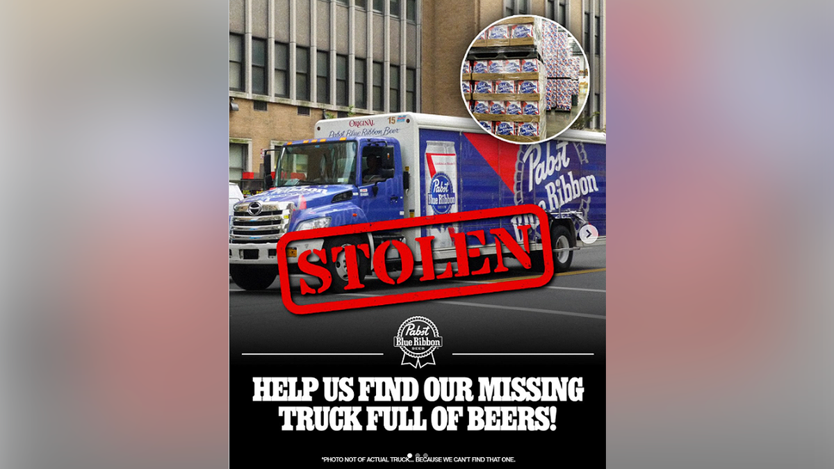 Pabst Blue Ribbon social media graphic seeking help finding a missing truck full of beer