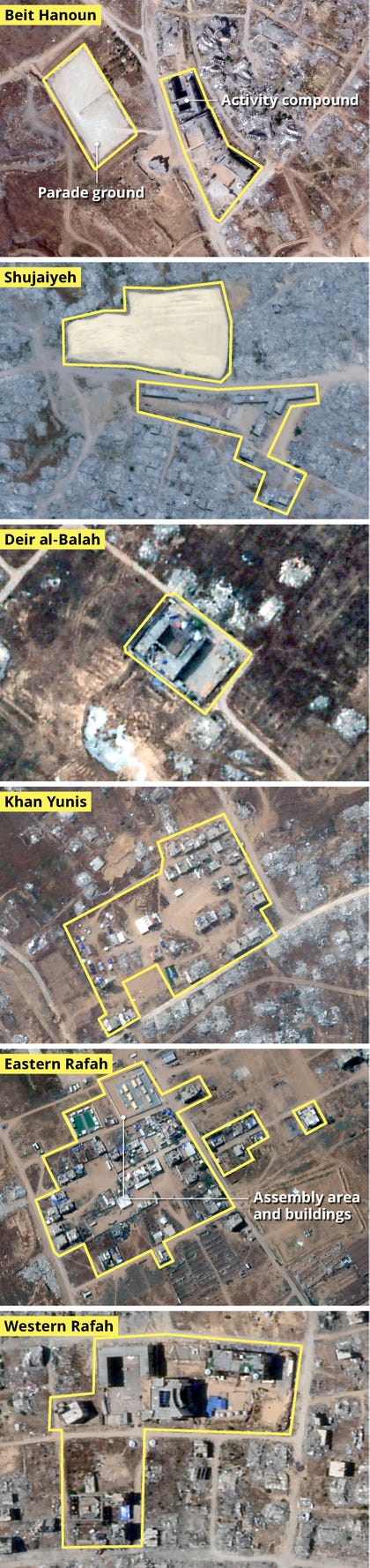Satellite images of militia compounds in Gaza. Credit: Planet Labs PBC Satellite images of militia compounds in Gaza.