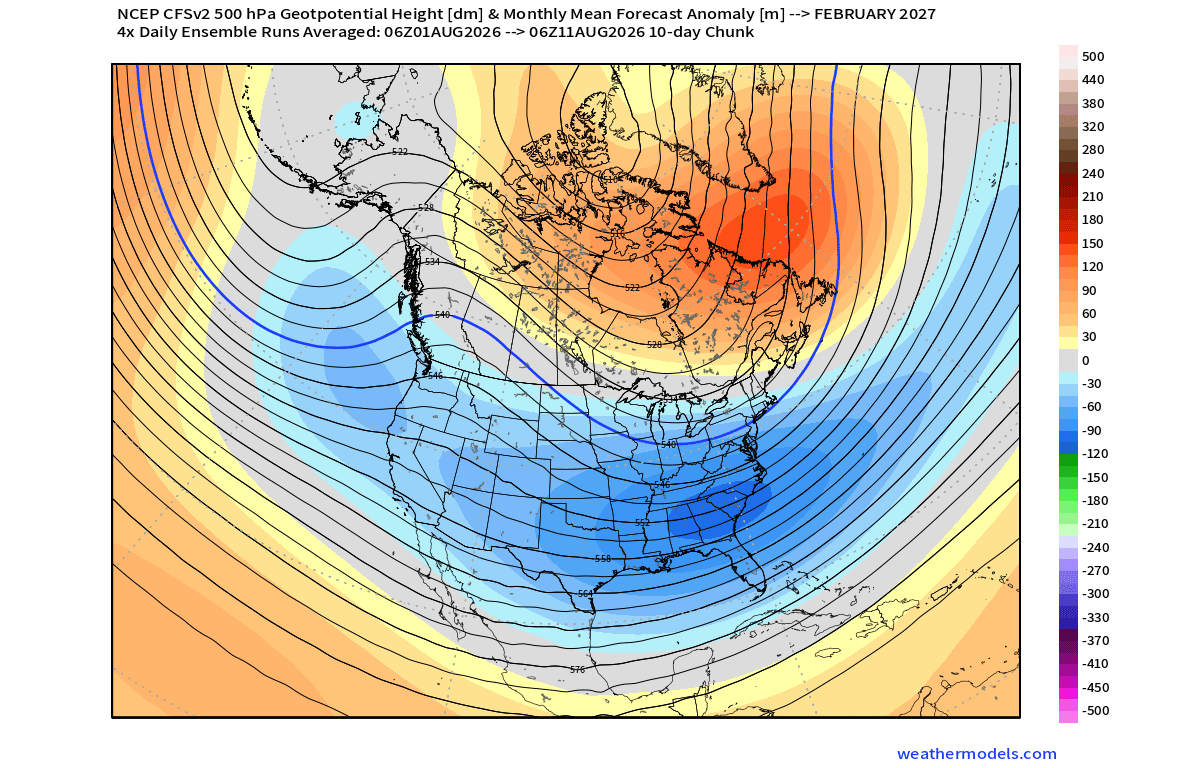 winter-2027-february-strong-el-nino-pressure-anomaly-pattern-snowfall-cold-forecast-united-states-canada-cfsv2-latest