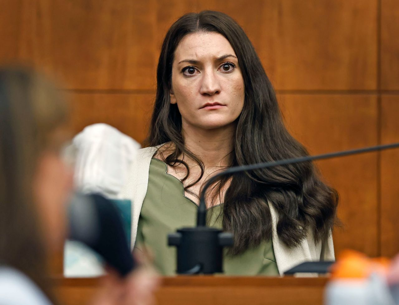 Lindsay Clancy waits for the judge to call a prospective jury member into court in her murder trial on July 22 in Plymouth, Massachusetts.