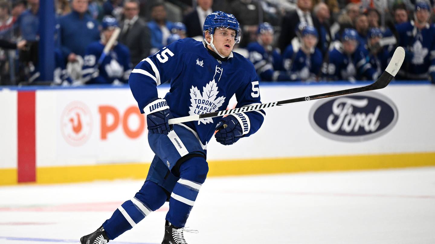Sep 19, 2026; Toronto, Ontario, CAN;  Toronto Maple Leafs defenseman Emil Andrae (55) pursues the play against the Montreal Canadiens in the first period at Scotiabank Arena.  Mandatory Credit: Dan Hamilton-Imagn Images