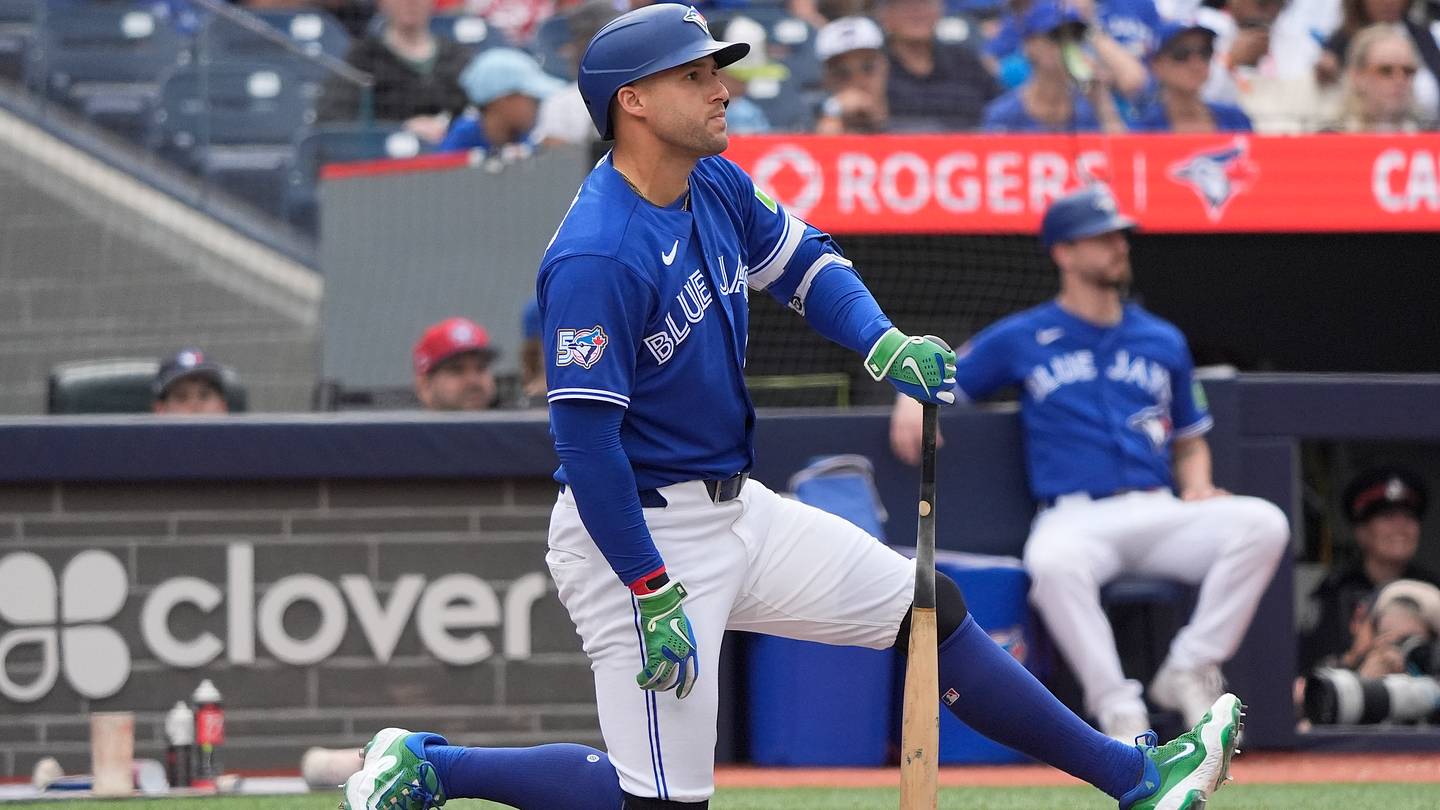 Sep 13, 2026; Toronto, Ontario, CAN;  Toronto Blue Jays designated hitter George Springer (4) hits a solo home run against the Baltimore Orioles during the fifth inning at Rogers Centre.  Mandatory Credit: John E. Sokolowski-Imagn Images