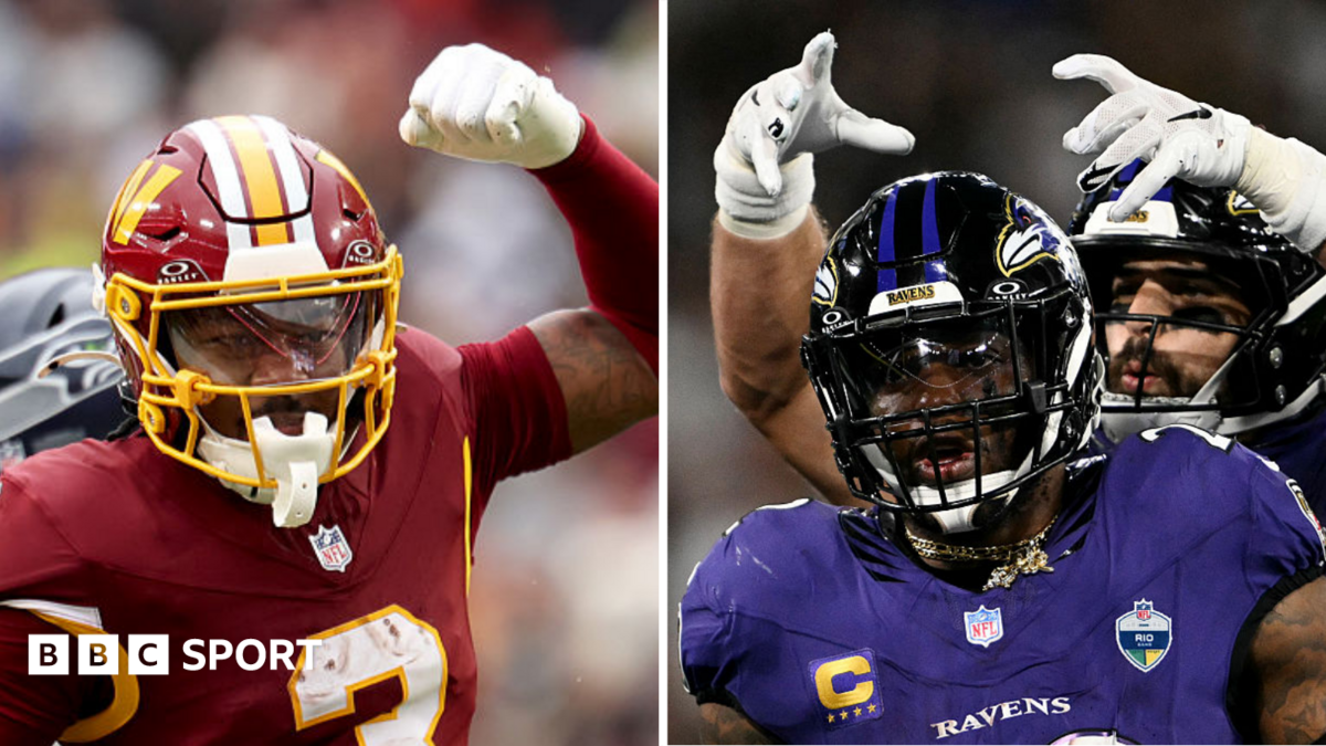 A split picture of the Washington Commanders' Stefon Diggs and the Baltimore Ravens' Derrick Henry celebrating