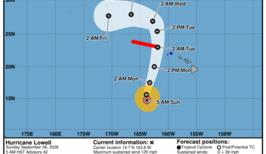 The forecast cone of Hurricane Lowell as of the Sept. 6, 2026, 5 a.m. advisory of the Central Pacific Hurricane Center.