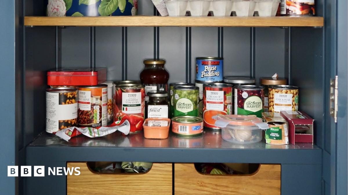 A cupboard filled with jars and tins of food.