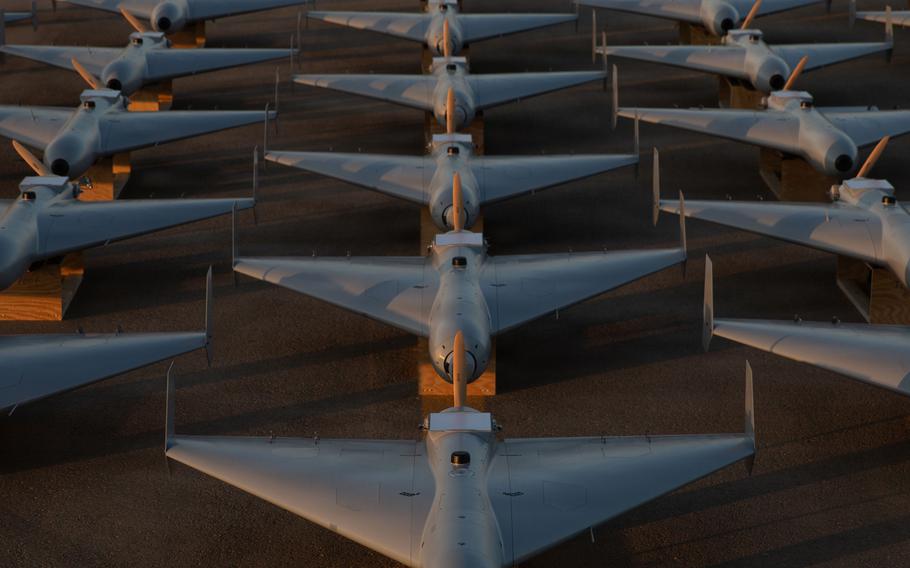 Rows of small grey aircraft with swept wings sit on stands at sunset. 