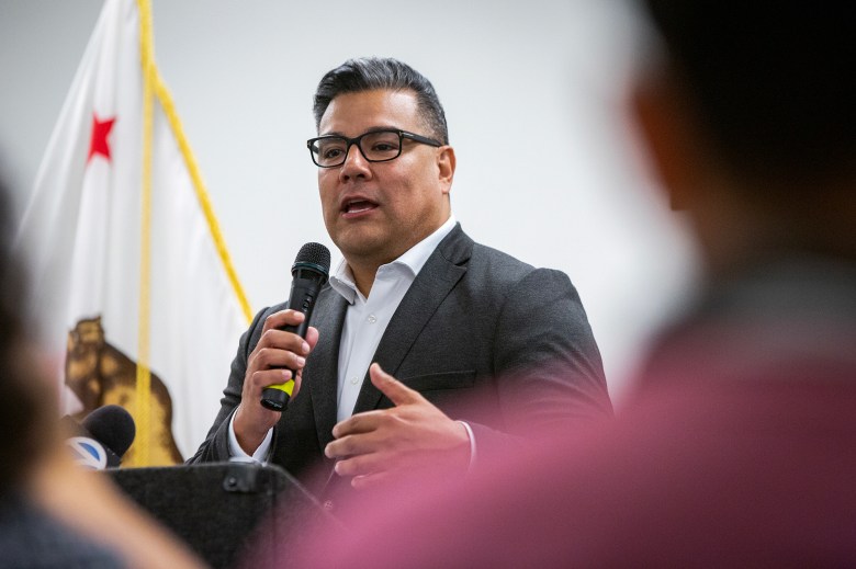Ricardo Lara, California Insurance Commissioner, speaks during a press conference with Los Angeles labor leaders and advocates in Commerce on Sept. 26, 2022. Photo by Alisha Jucevic for CalMatters