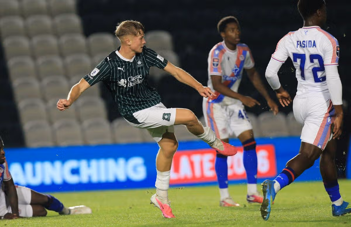 Seventeen-year-old Seb Campbell scores for Argyle during the 5-1 EFL Trophy group stage win against Crystal Palace under-21s at Home Park on 22 September 2026 - Photo: Dave Rowntree/PPAUK