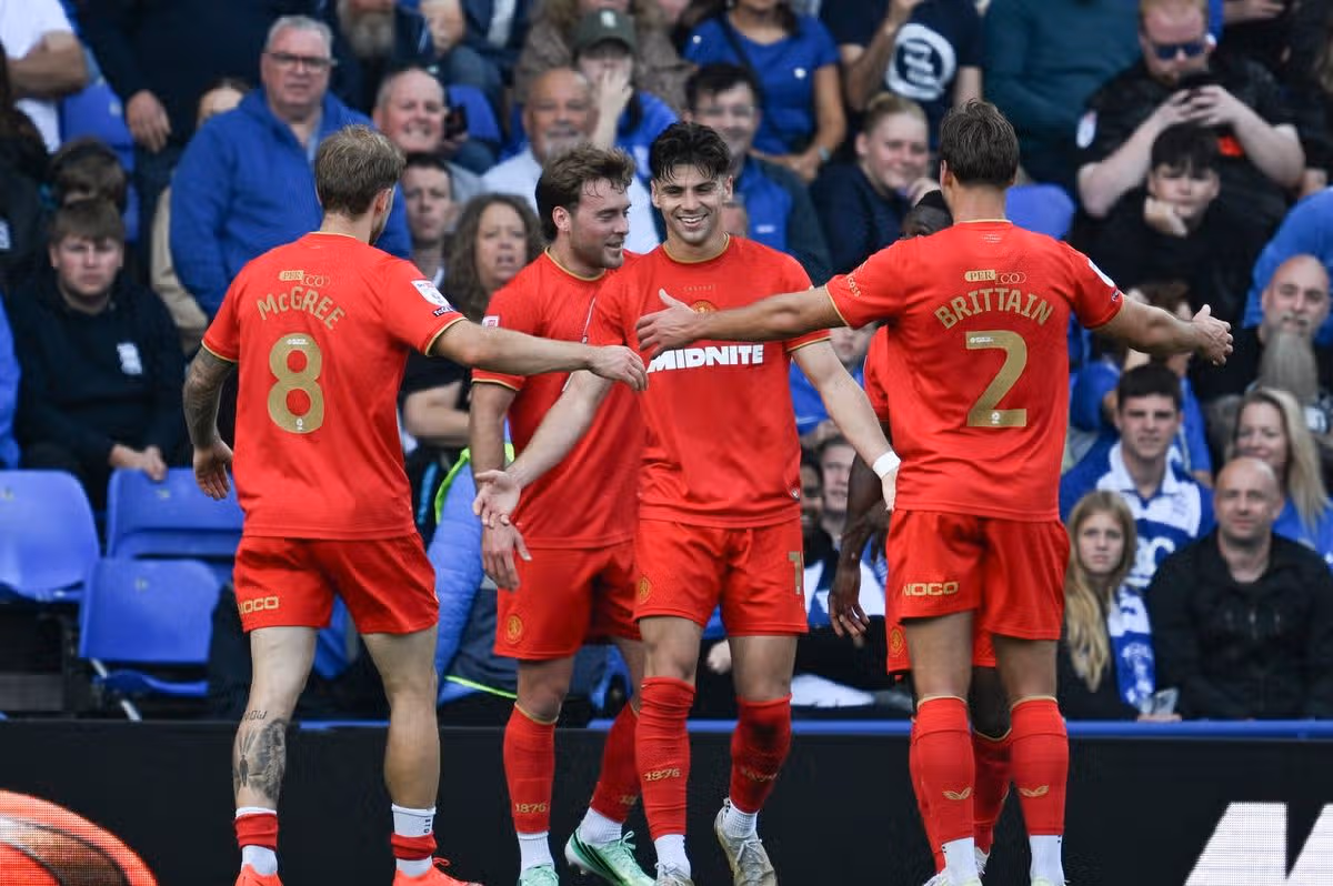 Max Arfsten of Middlesbrough celebrates after scoring the team's first goal