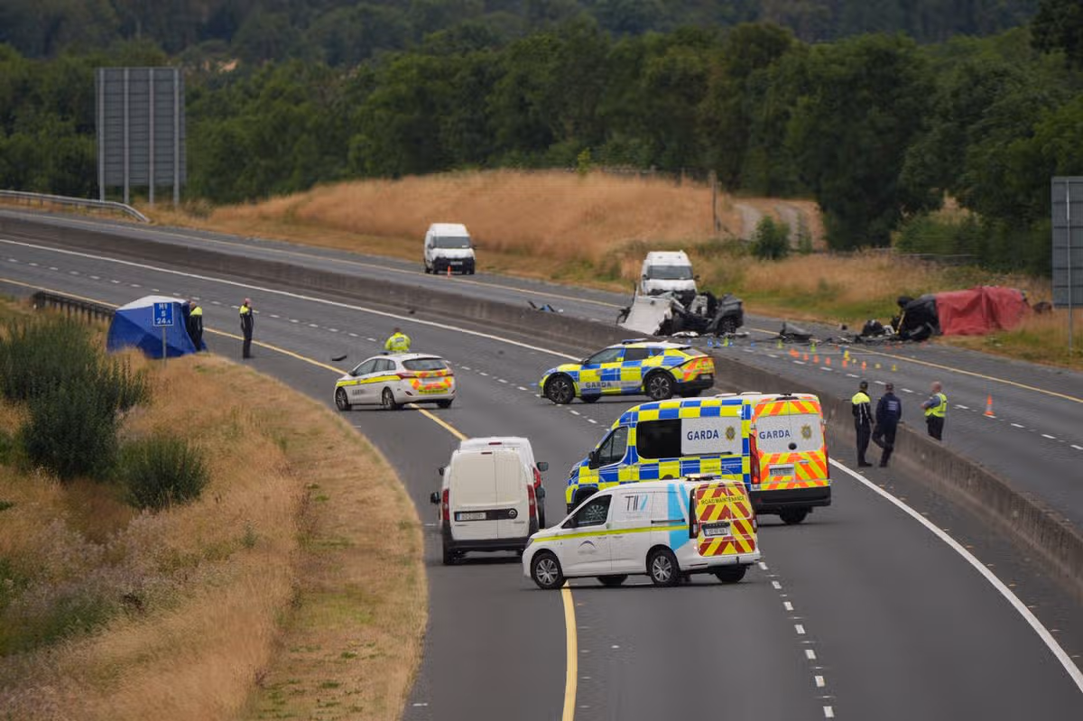 The scene on the M9 northbound at Junction 3 in Co Kildare where number of people have died and others have been seriously injured after a head-on collision between two cars. A Gardai spokesperson said the incident on Sunday morning at 3am occurred when one of the cars was travelling in the wrong direction. Picture date: Sunday August 16, 2026. PA Photo. Photo credit should read: Niall Carson/PA Wire