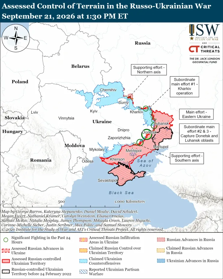Map of assessed territorial control and frontline activity in Ukraine as of September 21, 2026. (Source: ISW) Map of assessed territorial control and frontline activity in Ukraine as of September 21, 2026. (Source: ISW)