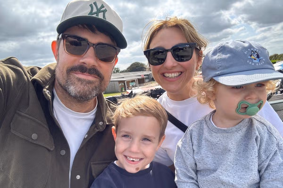 Dave Armstrong with his wife Samantha and sons Freddy and Leo