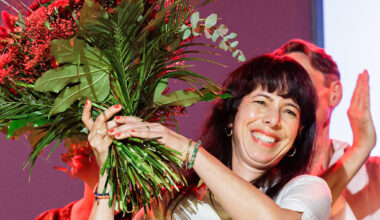 The Left Party's main candidate for the Berlin election, Elif Eralp, celebrates on stage at the electoral evening event of Germany's Die Linke party in Berlin on September 20, 2026.