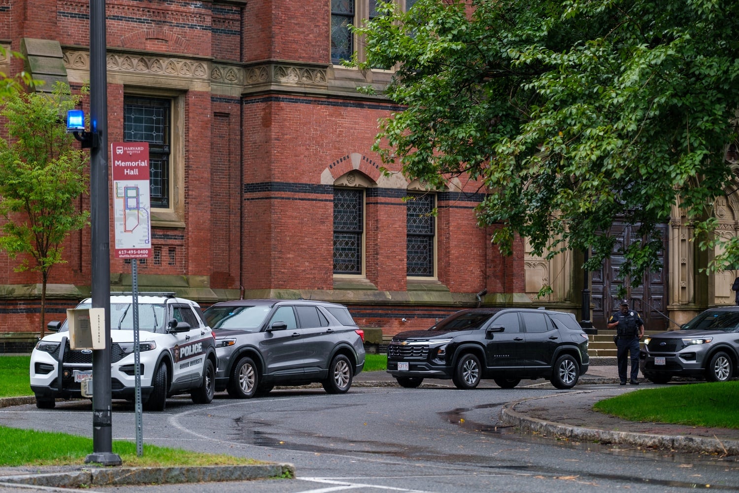 The Harvard University Police Department responded to a bomb threat at Memorial Hall Monday morning, prompting the University to issue a shelter-in-place order for people near the building.