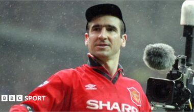 Stylised graphic showing Eric Cantona, Alan Shearer, Sol Campbell and Robin van Persie graphic