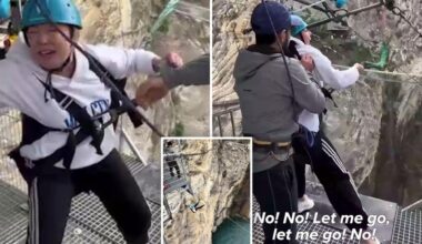 Shocking moment staffers kick terrified woman's legs away to make her take 260-foot thrill jump