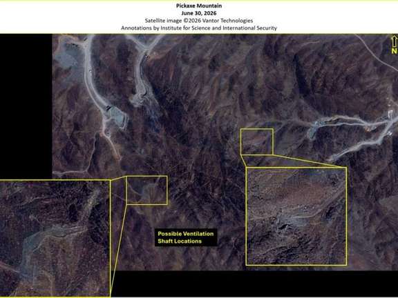 A June 30, 2026, Vantor Technologies image of Pickaxe Mountain showing potential locations for ventilation shafts.  (The Institute for Science and International Security)