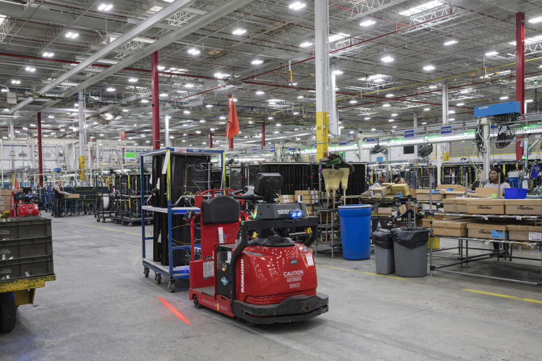 GE Appliances uses a mix of both mobile and stationary robots across its facilities to optimize material movement, assist on the factory floor, and transport finished products from the assembly line to distribution facilities.. Mobile robots are a critical part of the logistics network, delivering parts, raw materials, and finished goods to the assembly lines. AMRs operate using digital maps, cameras, and sensor technologies, allowing them to dynamically adjust routes and operate flexibly and AGVs follow fixed paths using embedded infrastructure and are optimized for consistent, repeatable workflows. Roper Corporation, a wholly owned subsidiary of GE Appliances, a Haier company