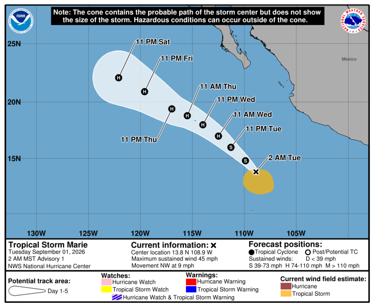 A map shows the storm's projected path.