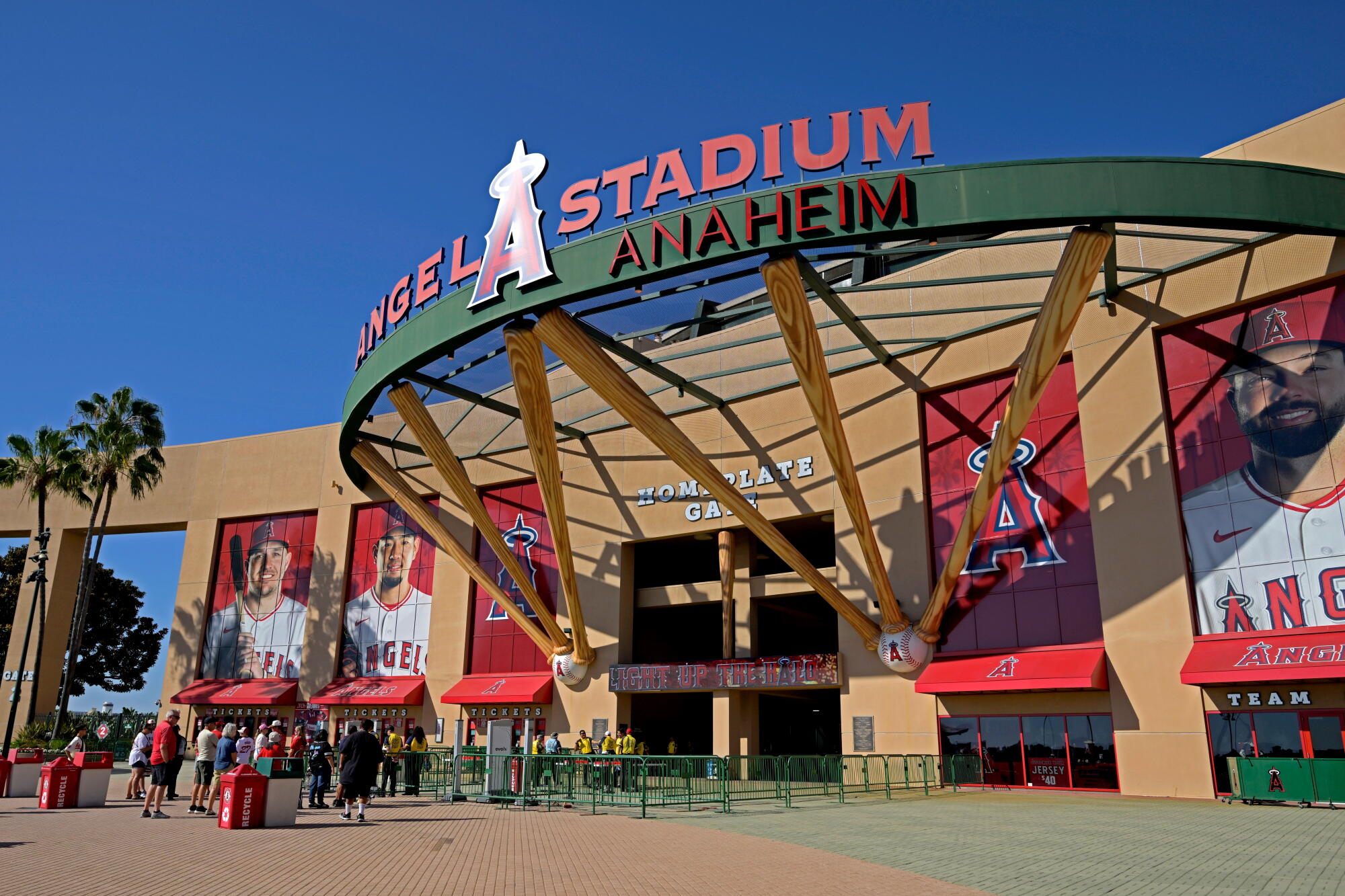 People line up outside Angel Stadium before a game on Aug. 24.