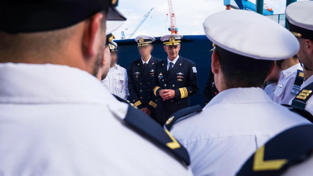 The send-off ceremony for Israel’s sixth submarine, INS Drakon, held at the TKMS shipyard in Kiel, Germany, August 2026. Credit: IDF.