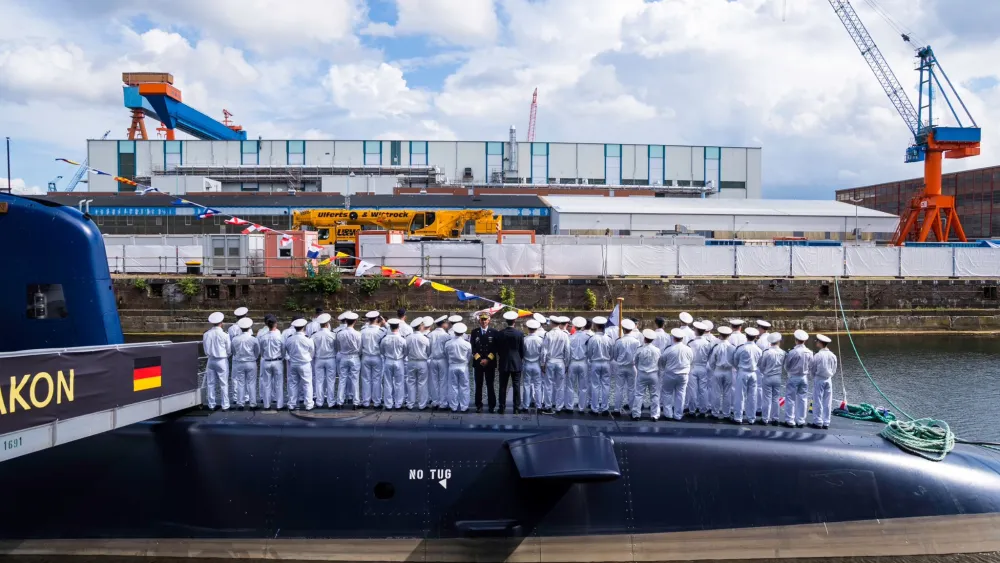 The send-off ceremony for Israel’s sixth submarine, INS Drakon, held at the TKMS shipyard in Kiel, Germany, August 2026. Credit: IDF.