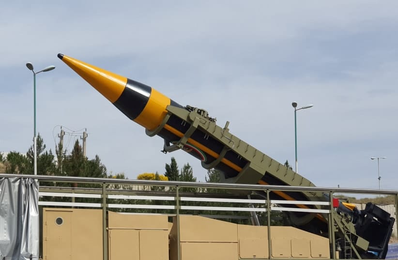  A new surface-to-surface ballistic missile called Khaibar with a range of 2,000 km, unveiled by Iran, is seen in Tehran, Iran, May 25, 2023