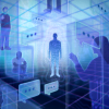 An illustration of a woman reaching out toward an artificial person. She is standing within a 3D grid with floating chat bubbles and other people confined in transparent boxes.