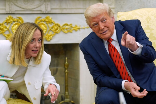 President Donald Trump meets with Italy's Prime Minister Giorgia Meloni in the Oval Office of the White House, Thursday, April 17, 2025, in Washington. (AP Photo/Alex Brandon, File)
