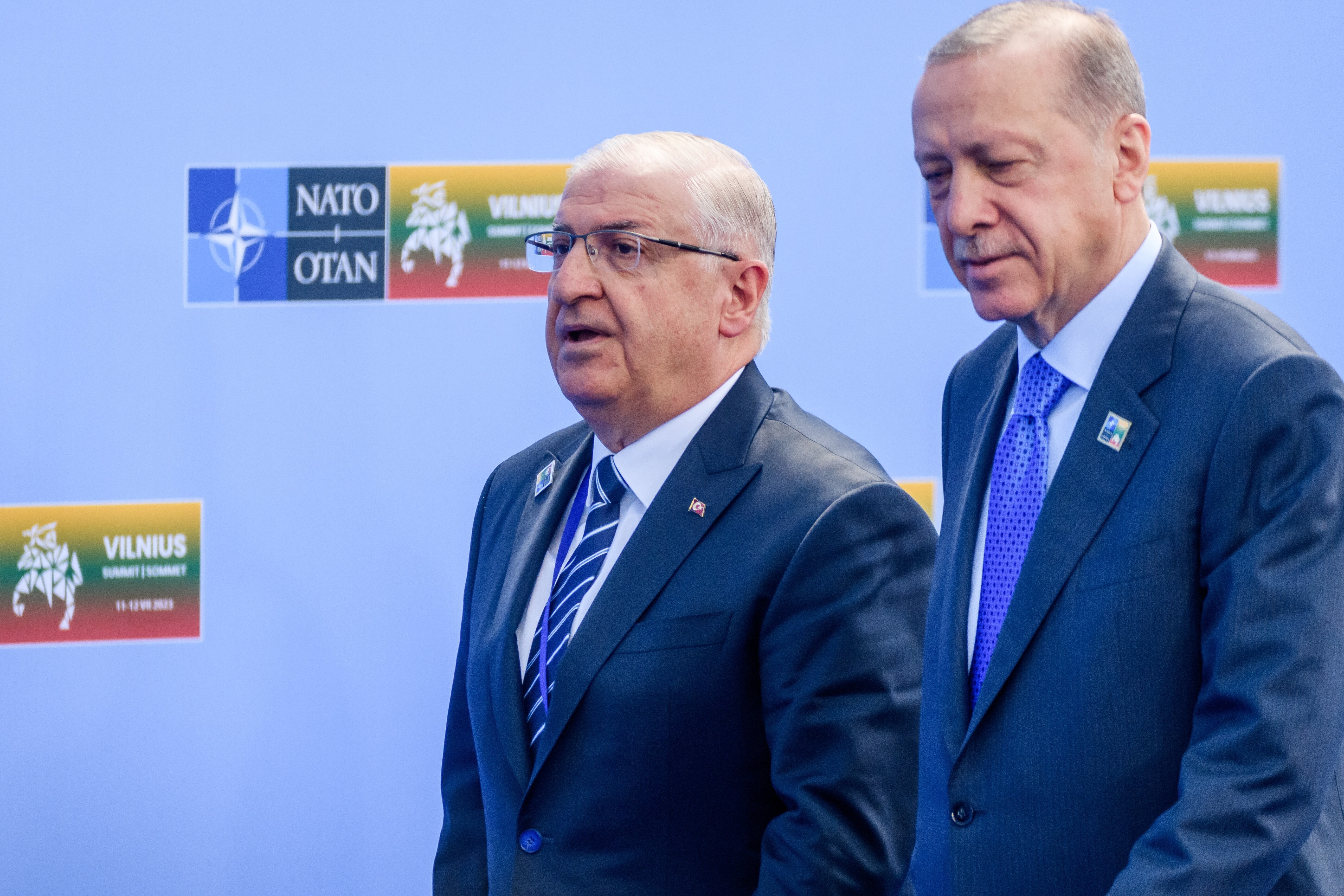 Turkish Defense Minister Yaşar Güler (L) with Turkish President Recep Tayyip Erdoğan at the NATO Summit in Vilnius, Lithuania, July 11, 2023.