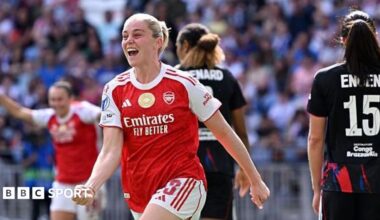 Arsenal striker Alessia Russo celebrates scoring against Lyon