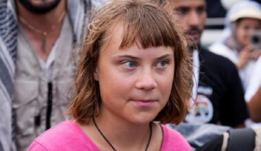 Swedish activist Greta Thunberg arrives at the port of Sidi Bou Said, Tunisia, as part of the Global Sumud Flotilla