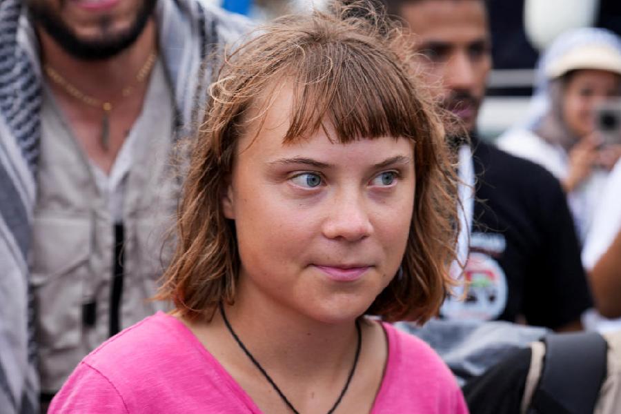Swedish activist Greta Thunberg arrives at the port of Sidi Bou Said, Tunisia, as part of the Global Sumud Flotilla