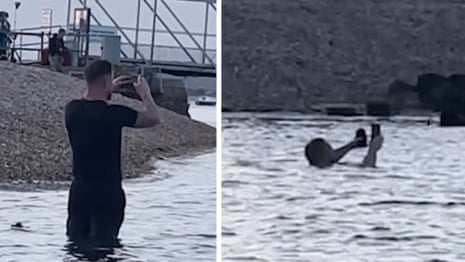 Far-right activists wade through sea to film asylum seekers in Portsmouth – video