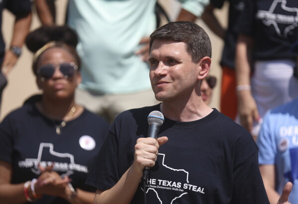 FILE - Texas Rep. James Talarico speaks at a rally, Saturday, Aug. 16, 2025, at Wrigley Square in Millennium Park in Chicago. (AP Photo/Talia Sprague)
