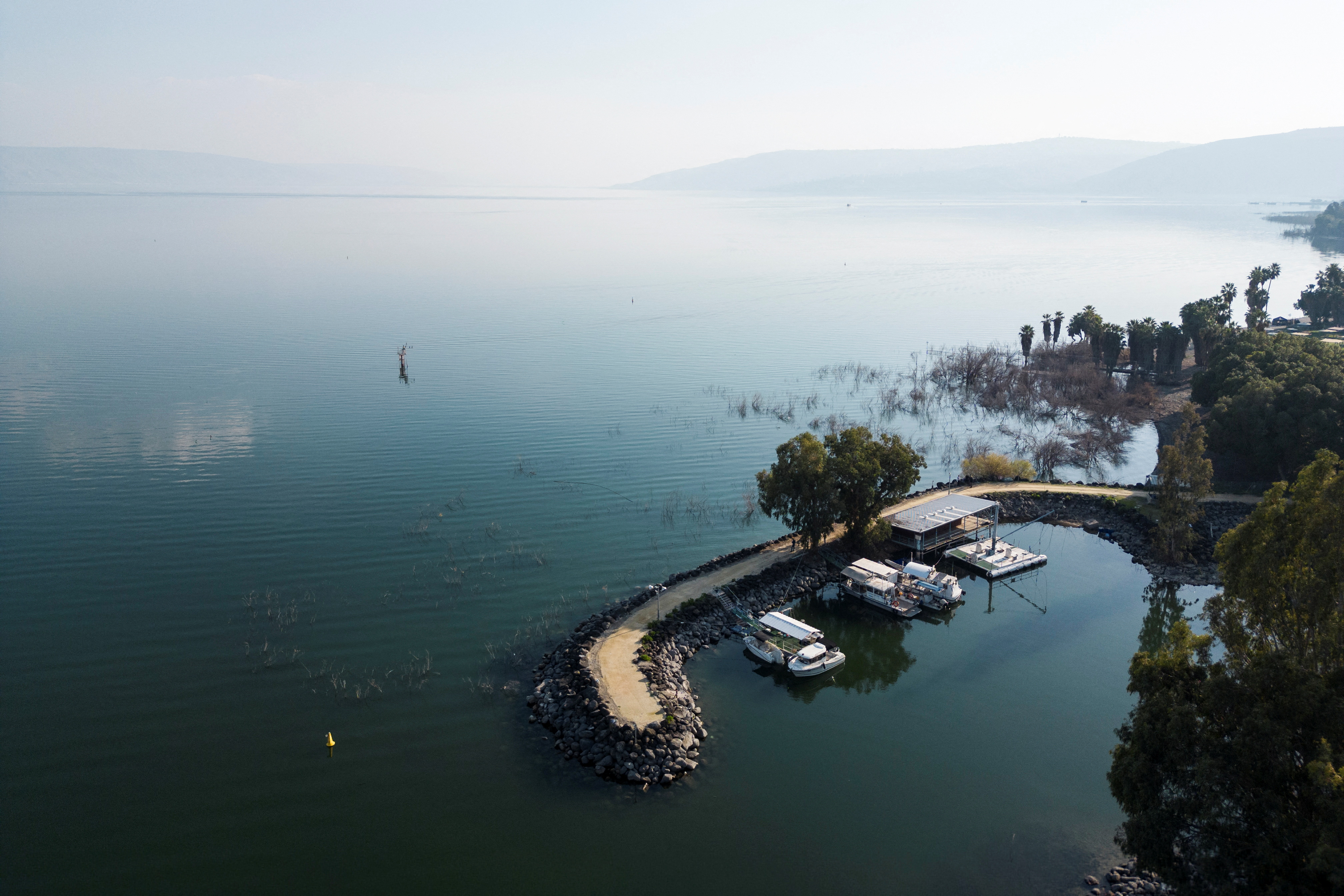 The pier of a plant of Mekorot, Israel's national water company located close to the national water carrier project, which in cases of emergency is able to pump of desalinated water into the Sea of Galilee in northern Israel, January 23, 2023. (Reuters)