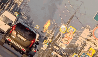 Flames and smoke rise from an industrial facility in Novy Urengoy, in Russia’s Yamalo-Nenets Autonomous Okrug