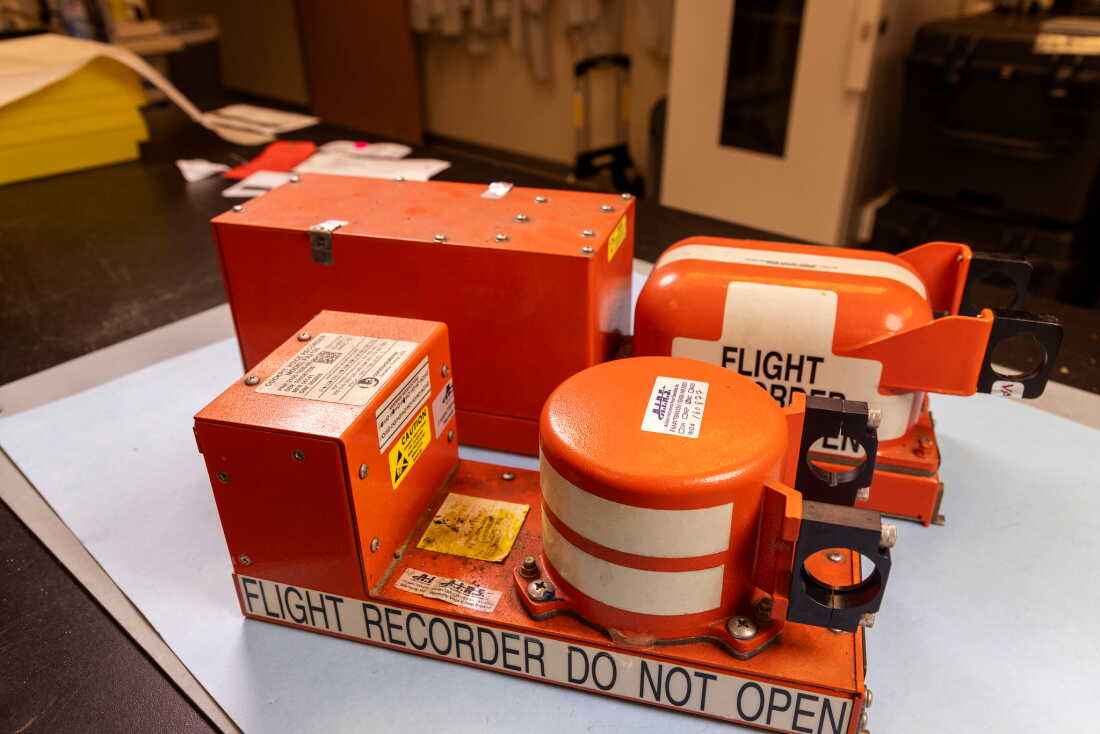This photo provided by the NTSB on Tuesday, Sept. 8, 2026, shows the flight data recorder from from the Amazon cargo jet that barreled off a runway at Miami International Airport.
