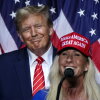 In this file photo, Rep. Marjorie Taylor Greene (R) speaks alongside President Trump at a campaign event when he was a presidential candidate, in Rome, Georgia, on March 9, 2024.
