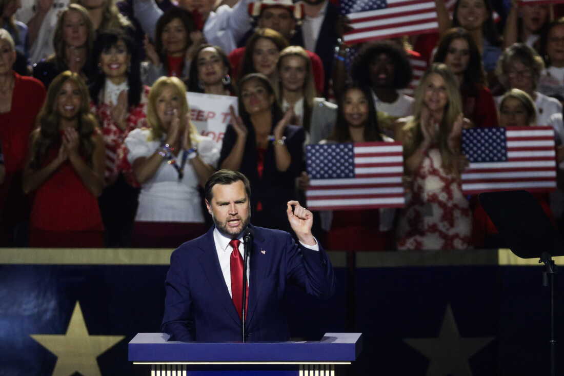 Vice President Vance speaks on stage on the second day of the 2026 Republican National Convention on Sept. 10, 2026 in Dallas.