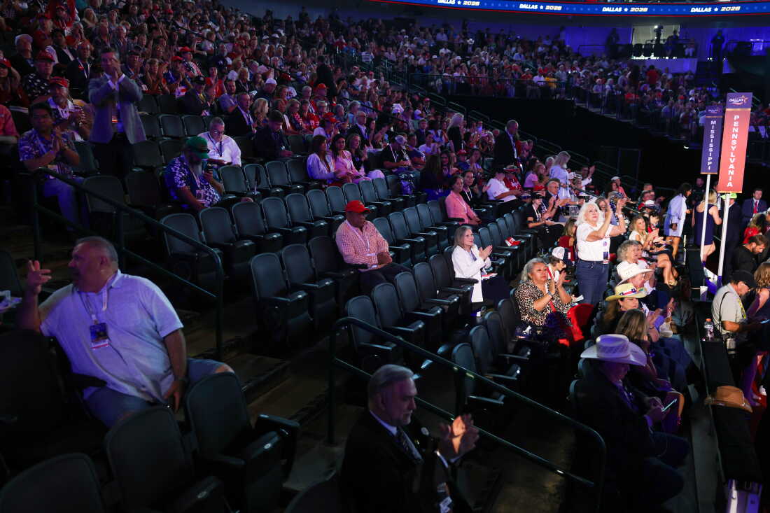 Empty seats are scattered throughout the crowd on the second day of the 2026 Republican National Convention in Dallas.